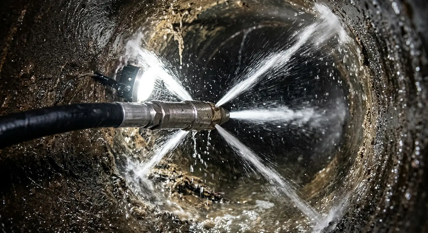 High-pressure hydro jetting nozzle cleaning sewer pipe for Storm Drain Cleaning in Stafford