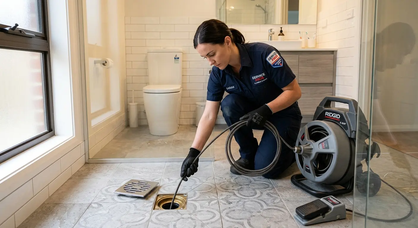 Technician clearing a bathroom floor drain for Drain Repair in Stafford